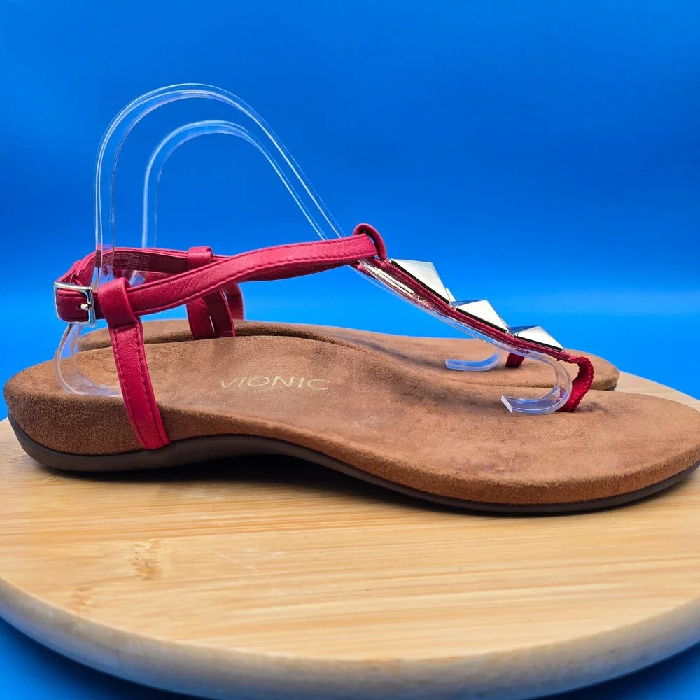 Vionic Nala Red‎ Leather Studded T-Strap Sandals Orthotic Support Womens 10